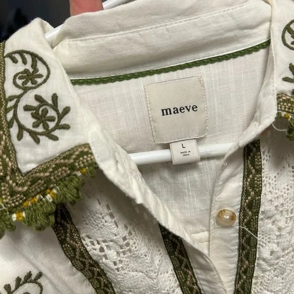 Anthropologie Maeve Ivory and Olive Embroidered Long Sleeve Dress - Picture 6 of 10